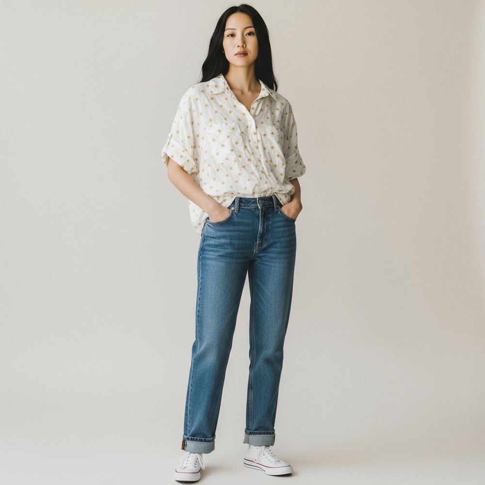 Madewell‎ Sun Embroidered White & Yellow Courier Oversized Blouse Shirt Large